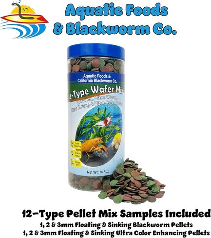 Aquatic Foods Inc. 4-Type 12mm - 1/2" Sinking Wafer Mix of Spirulina-Algae, Ultra-Worm, Shrimp, Color Enhancing for Shrimp, Snails, Crabs, Crayfish, Bottom Fish, 12-Type Pellet Mix Included 6.0oz in Kuwait