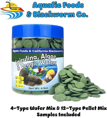 Aquatic Foods Inc. 12mm-1/2 "رقائق غارقة صغيرة من سبيرولينا ، الطحالب والخضار للبليكوس ، سمك السلور ، الروبيان ، القواقع ، سرطان البحر ، جراد البحر ، مزيج من 12 نوعًا من النوع in Kuwait