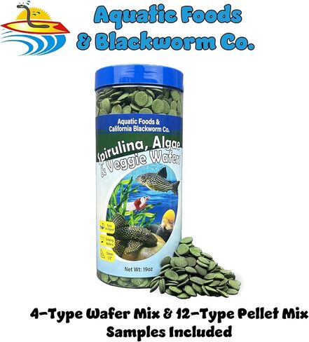 Aquatic Foods Inc. 12mm-1/2 "رقائق غارقة صغيرة من سبيرولينا ، الطحالب والخضار للبليكوس ، سمك السلور ، الروبيان ، القواقع ، سرطان البحر ، جراد البحر ، مزيج من 12 نوعًا من النوع in Kuwait