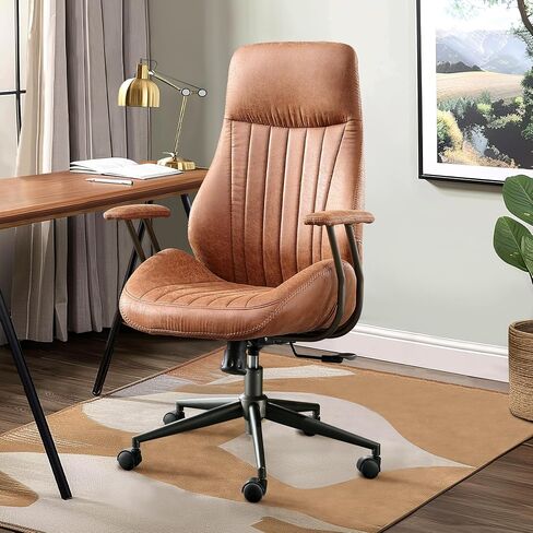 Mid Century Modren Office Chair,High Back Ergonomic Executive Chair with Lumbar Support, Computer Desk Swivel Task Chair with Wheels, Faux Lether Suede Fabric Home Chair (High Back, Brown) in Saudi Arabia