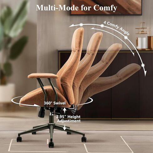 Mid Century Modren Office Chair,High Back Ergonomic Executive Chair with Lumbar Support, Computer Desk Swivel Task Chair with Wheels, Faux Lether Suede Fabric Home Chair (High Back, Brown) in Saudi Arabia