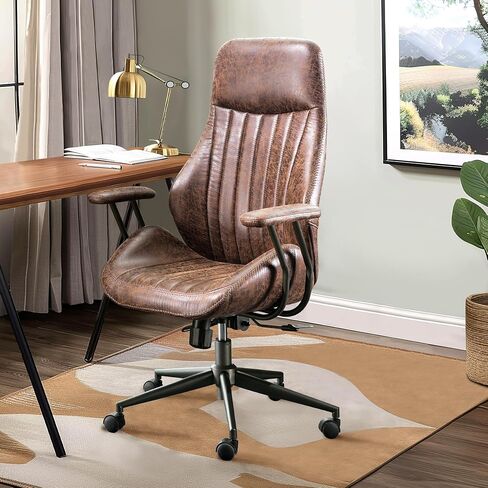 Mid Century Modren Office Chair,High Back Ergonomic Executive Chair with Lumbar Support, Computer Desk Swivel Task Chair with Wheels, Faux Lether Suede Fabric Home Chair (High Back, Brown) in Saudi Arabia