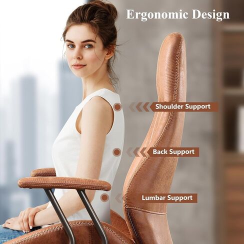 Mid Century Modren Office Chair,High Back Ergonomic Executive Chair with Lumbar Support, Computer Desk Swivel Task Chair with Wheels, Faux Lether Suede Fabric Home Chair (High Back, Brown) in Saudi Arabia