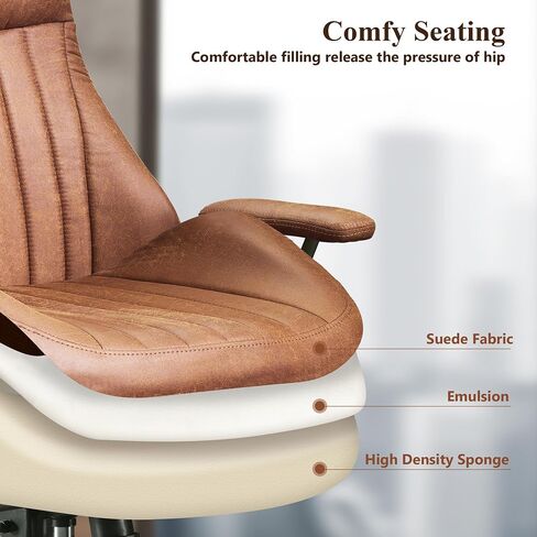 Mid Century Modren Office Chair,High Back Ergonomic Executive Chair with Lumbar Support, Computer Desk Swivel Task Chair with Wheels, Faux Lether Suede Fabric Home Chair (High Back, Brown) in Saudi Arabia