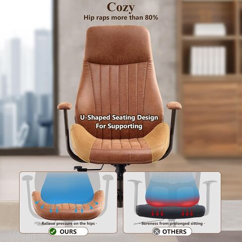 Mid Century Modren Office Chair,High Back Ergonomic Executive Chair with Lumbar Support, Computer Desk Swivel Task Chair with Wheels, Faux Lether Suede Fabric Home Chair (High Back, Brown) in Saudi Arabia