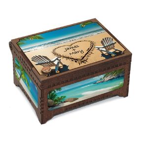 Romantic Beach Themed MP3 Music Box, Personalized Names and Heart in the Sand, Plays any Song, Custom Photo and Text Inside