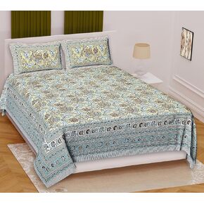 Marusthali Cotton New Bed Sheets King Size Floral Printed Handmade Sanganeri Bedsheet Bedcover Bedspread Bed Cover with 2 Pillow Cases 100% Cotton Bedsheets 108 x 108 inches (Blue)