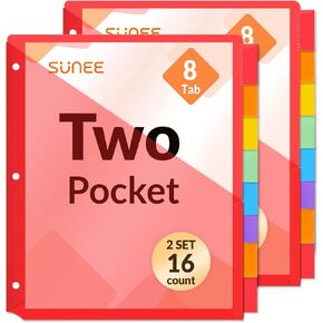 SUNEE 8 Tab Dividers with Pockets, Plastic Dividers for 3 Ring Binder, Subject Dividers with 2 Pockets, Binder Dividers for School Office Home Supplies, Multicolor, 1 Set