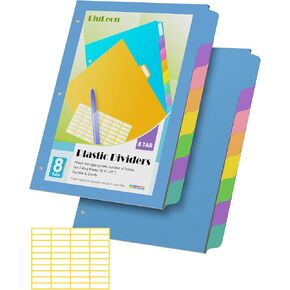 8 Tab Binder Dividers for 3 Ring Binder, 2 Sets/16 Count, Write & Erase Reusable Waterproof Plastic Binders, Multicolor, Extra 40 Labels