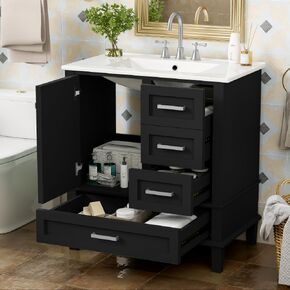 Black Solid Wood Modern 30" Bathroom Vanity with Sink Combo, Storage Cabinet with Soft Closing Door and 3 Drawers