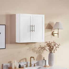 Rustic Brown Wall Cabinet, Solid Wood Hanging Storage with Doors and Shelves, for Bathroom Kitchen Pantry