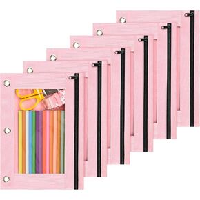 Lanpn Pencil Pouch for 3 Ring Binder 6 Pack, Pastel Binder Pen Bags with Zipper, Aesthetic 3 Holes Pencil Pouches Organizer for Boy Girl Kids School Student, Reinforced Grommets & Clear Window