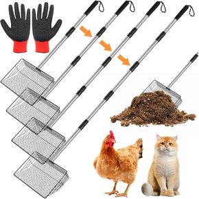 Jonkehai Chicken Poop Scooper 10inch Metal Extendable Metal Cat Litter Scoop 32 to 68" Long Chicken Coop Litter Scoop Litter Sifting Shovel Chicken Coop