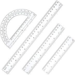 4PCS Protractor Ruler Set 6'' Plastic Protractor and 3 Straight Rulers 6" | 8" |12" Long Clear Math Geometry Set Drafting Ruler Geometry Rulers Measuring Tool for School Classroom Home Office Drawing
