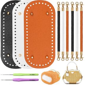 Coitak 3+6 PCS Bag Bases for Crochet with Braided Purse Handles for Bag Making, 2 PCS Crochet Hooks, 3 Colors Leather Purse Bottoms for Crocheting, 12 Inch PU Leather Handbag Handles