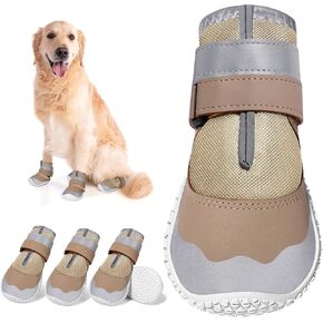 DcOaGt Dog Shoes Large Size Dogs,Mesh Breathable Dog Boots & Paw Protectors for Hot Pavement Summer Winter Snow, 360°Anti-Slip Dog Booties with Reflective Strips for Hiking/Walking,Khaki 4PCS(Size 8)