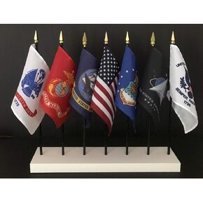 World Flags Direct UNITED STATES MILITARY FLAG SET with Solid White Stand--7 Rayon 4x6inch Flags, One Flag For Each Service; 4x6 Miniature Small Mini Desk Flags (Set with Space Force and no POWMIA)
