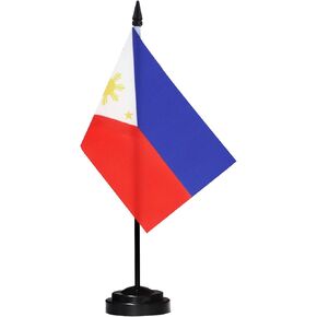 Anley Philippines Deluxe Desk Flag Set - 6 x 4 Inch Miniature Philippine Desktop Flag with 12" Solid Pole - Vivid Color and Fade Resistant - Black Base and Spear Top