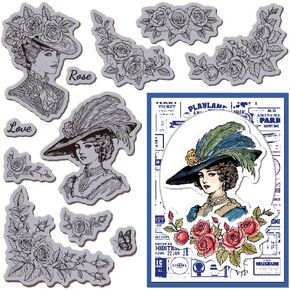 GLOBLELAND Vintage Victoria Lady Cling Rubber Stamp Rose Corner EVA Cling Mount Stamps Floral Hat Rubber Stamp Set for Card Making Photo Album Decor Decoration DIY Scrapbooking