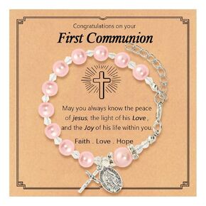 First Communion Gifts for Girls Cross Pearl Bracelet Baptism Communion Catholic Rosary Gifts for Granddaughter Daughter Niece, Easter Basket Stuffers for Teens
