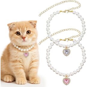 2 Pcs Cat Dog Pearl Collar, Small Heart Shape Pet Pearl Necklace Collars Adjustable Pet Jewelry Accessories Birthday Wedding Party Collar for Puppy Kitten Dress