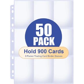 50 Pack Card Sleeves Binder Sheets, 9 Pocket Trading Card Binder Sleeves for 3 Ring Binder, Baseball Cards Sleeves Holds 900 Cards Fit for Baseball, Football, Game, Kpop Cards