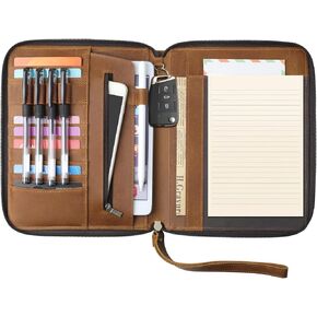 Ringsun Genuine Leather Portfolio with Zipper, Padfolio Portfolio Organizer Folder for Men Women, Professional Business Card Holder for A5 Letter Size Notepad, Resume, Writing Pad, Pen Loop
