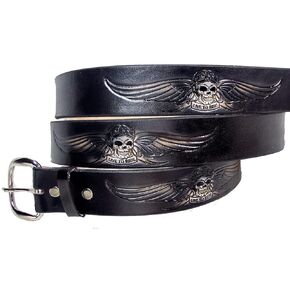 SKULL LIVE TO RIDE HARLEY BIKER TRUCKER MOTORCYCLE DAVIDSON HANDMADE SKULL WINGS LEATHER BELT 1 1/2" WIDE WITH BUCKLE MADE IN THE USA