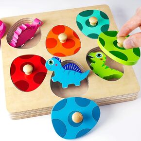 Wooden Puzzles for Toddlers 1-3, Montessori Toys for 1 2 Year Old Boy Birthday Gifts, Dinosaur Matching Eggs Peg Puzzles for Toddlers Age 2-4 Girls - Preschool Learning Activities