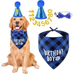 Dog Birthday Party Supplies, Dog Birthday Bandana Hat Numbers Bow Set for Small, Medium, Large Dogs Pets Party Decorations
