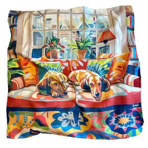 100% Silk Square Scarf - Dachshund 27x27"/70x70cm, Mulberry Twill Silk Bandana with Hand-rolled Edges, Fauvism Style Art, Gift for her & him