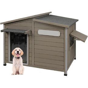 Outdoor Dog House for Summer – Weatherproof Wooden Kennel with Chew-Proof Iron Frame, Removable Floor & Adjustable Vent Window for Large and Medium Dogs (Grey, 43.5" D x 29.5" W x 33.5" H)
