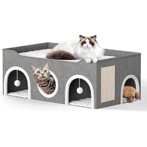 All-in-1 Extra-Wide Cat House for Indoor, Multi Cats Puppy Family, Large Cat Cave for Pet House with Fluffy Ball Hanging and Scratch Pad, Foldable Dog Hideaway, 35.4x19.6x13.3 inches, Grey