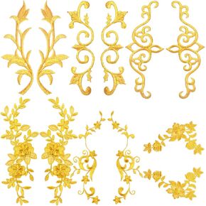 10pcs Golden Flower Embroidery Patches Flowers Leaves Lace Sew On/Iron on Embroidered Sewing Appliques for Wedding Prom Dress Clothes Jeans DIY Craft Decor, 5 Styles