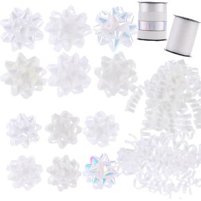 DYSHIPEN 16 Pcs Gift Bows,Bows for Gift Wrapping and Presents,2 Crimped Curling Ribbons,2 Curly Bows,Christmas Bows,for Parties, Birthdays, Weddings. (White, 3.5in+2.5in)