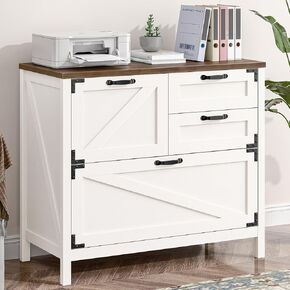 Wood Lateral File Cabinet with 4-Drawer for Hanging Files Letter/A4/Legal Size, Large Farmhouse Filing Cabinets for Home Office, Printer Stand with Office Cabinet, Office Furniture, White and Brown
