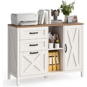 Lateral File Cabinet with 3 Drawers and Door, Farmhouse File Cabinet with Adjustable Shelf for Letter/A4 Size Hanging Files, Printer Stand with Storage Cabinet for Home Office Furniture, White