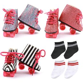 18" Doll Shoes Set, 3 Pairs of Doll Roller Skates+2 Pairs of Socks 18 in American Doll Accessories Fits 18 inch Girl Dolls