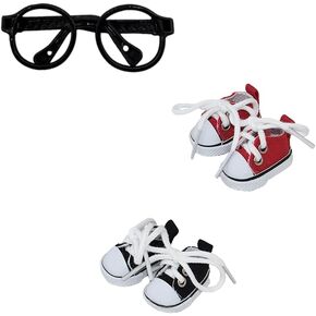 Mini Canvas Sneakers for Dolls, 2 Pairs Set in Red and Black, Lace-up Style for labubu 2025,Include A Pair of Glasses(no Lenses) (Red & Black)