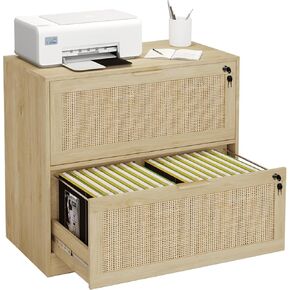 HOPUBUY 2 Drawer File Cabinet with Lock, Printer Stand Lateral Filing Cabinets for Home Office and School, Wood Rattan File Cabinet for Hanging Files/Letter/Legal/A4/F4 Size, White