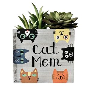 Cat Mom Planter,Whitewashed Wood Garden Box or Decorative Bin (5 inch square)
