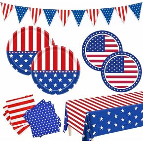 Patriotic Party Supplies Paper Plates and Napkins, American Flag Tablecloth Party Decoration Set for Veterans , Red White Blue Decor, Patriotic 4th of July Independence Day Decor, Serve 30
