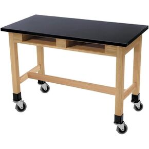 National Public Seating NPS 48" Wood Science Lab Table with Book Compartments and Casters in Black