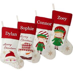 DearSun Set of 4,18" Personalized Customization Christmas Stockings with Exquisite Embroidery Names,Lovely Santa,Snowman,Reindeer,Angel Characters,Quality Linen Stockings for Family Decor