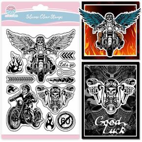 GLOBLELAND Skeleton Motorcycle Clear Stamp for Scrapbooking Wings Silicone Stamps Halloween Transparent Stamp for Halloween Card Making DIY Scrapbooking