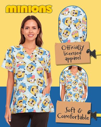 قميص Minions النسائي مطبوع بالكامل، برقبة على شكل حرف V مع جيوب - زي عمل مريح in Kuwait