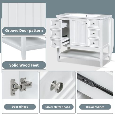 36" Bathroom Vanity with Sink, One Cabinet and Three Drawers, Solid Wood and MDF Board, Green (Old SKU:SY999505AAG-6) (STYLE11) in Kuwait
