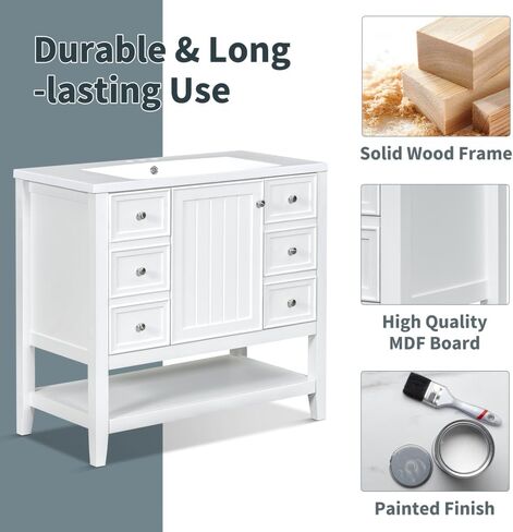 36" Bathroom Vanity with Sink, One Cabinet and Three Drawers, Solid Wood and MDF Board, Green (Old SKU:SY999505AAG-6) (STYLE11) in Kuwait