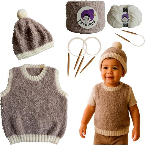Preschooler Knitting Kit for Boys Vest & Hat (Ages 0–8) – Italian Boucle Yarn, Alpaca & Merino Wool Yarn, 3 Sets Bamboo Knitting Needles, Video Guide – Handmade Gifts for Baby Showers, Birthdays in Saudi Arabia