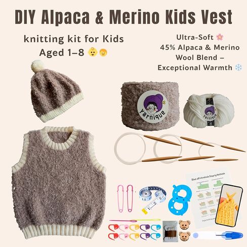 Preschooler Knitting Kit for Boys Vest & Hat (Ages 0–8) – Italian Boucle Yarn, Alpaca & Merino Wool Yarn, 3 Sets Bamboo Knitting Needles, Video Guide – Handmade Gifts for Baby Showers, Birthdays in Saudi Arabia